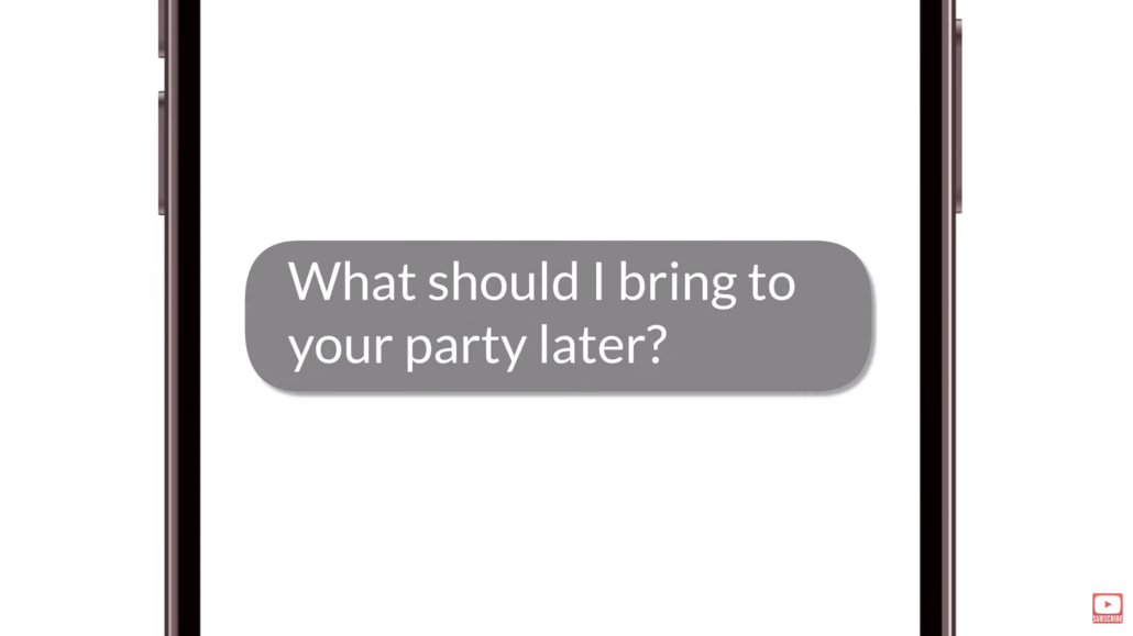 A phone screen displaying a text message reading, "What should I bring to your party later?"