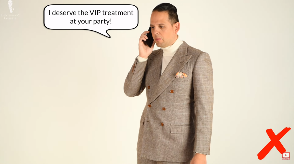 Raphael, in a double-breasted suit, speaks on the phone, with a speech bubble reading, "I deserve the VIP treatment at your party!"