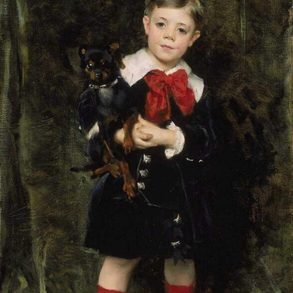 Painting of a young boy and small dog