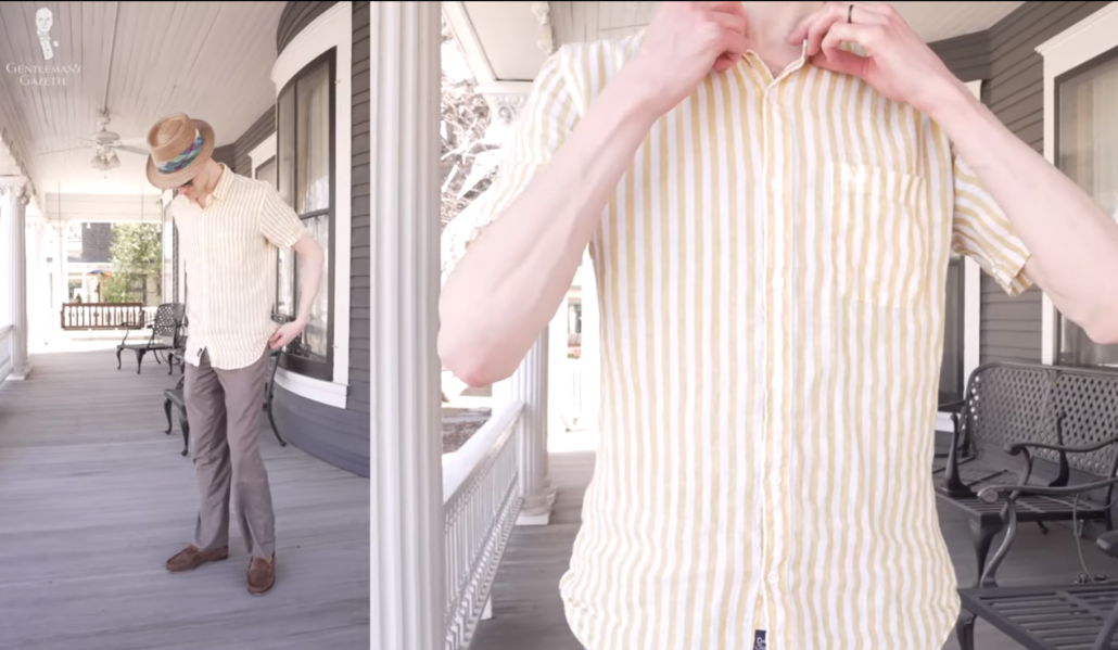 Preston in a casual yellow linen shirt paired with a brown trousers and medium brown, suede loafers.