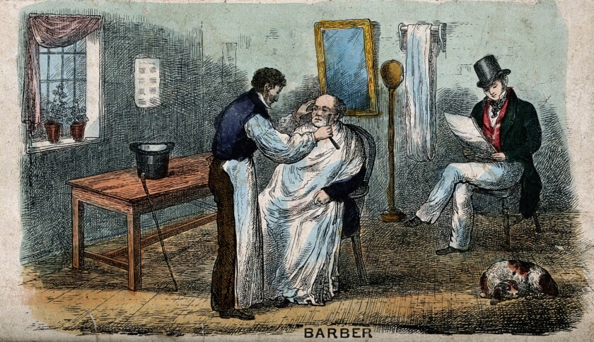 19th century depiction of a man being shaved by a barber