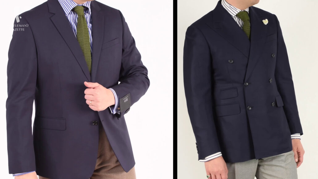Single-breasted lapels vs. Double-breasted jacket with peaked lapels.