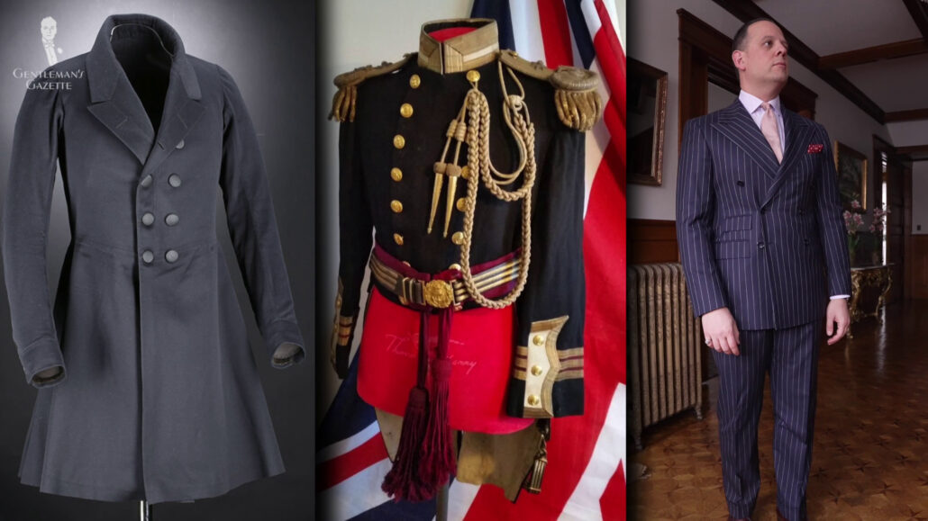 The double-breasted suit clearly resembles formal military uniforms in the past.
