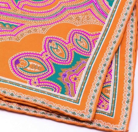 Silk Pocket Square in Orange with Green, Pink and Purple Large Paisley Pattern