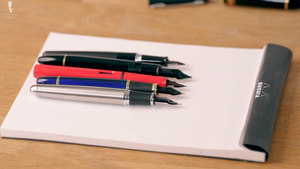 A variety of fountain pens from the most expensive one to the least.