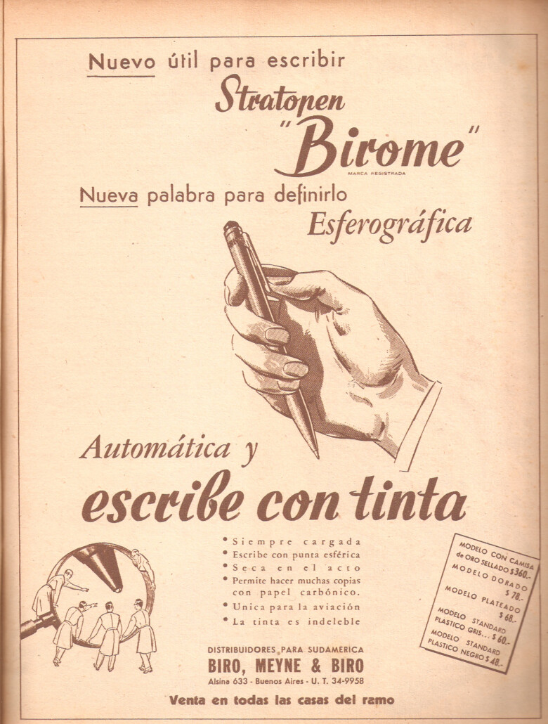 Photo of Birome ballpoint pen advertisement in Argentine magazine Leoplan 1945 Image Credit Wikimedia