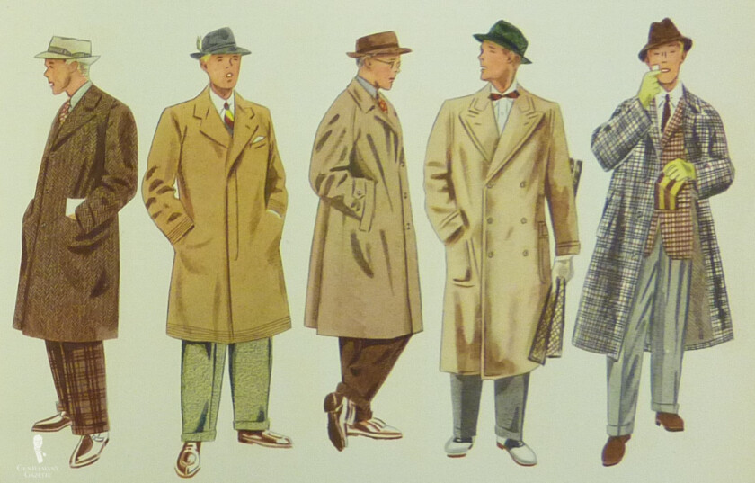 Fashion plate showing five young men in various collegiate outfits including brown shoes 