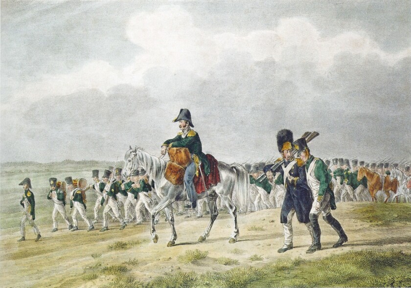 Illustration of marching 19th century soldiers 