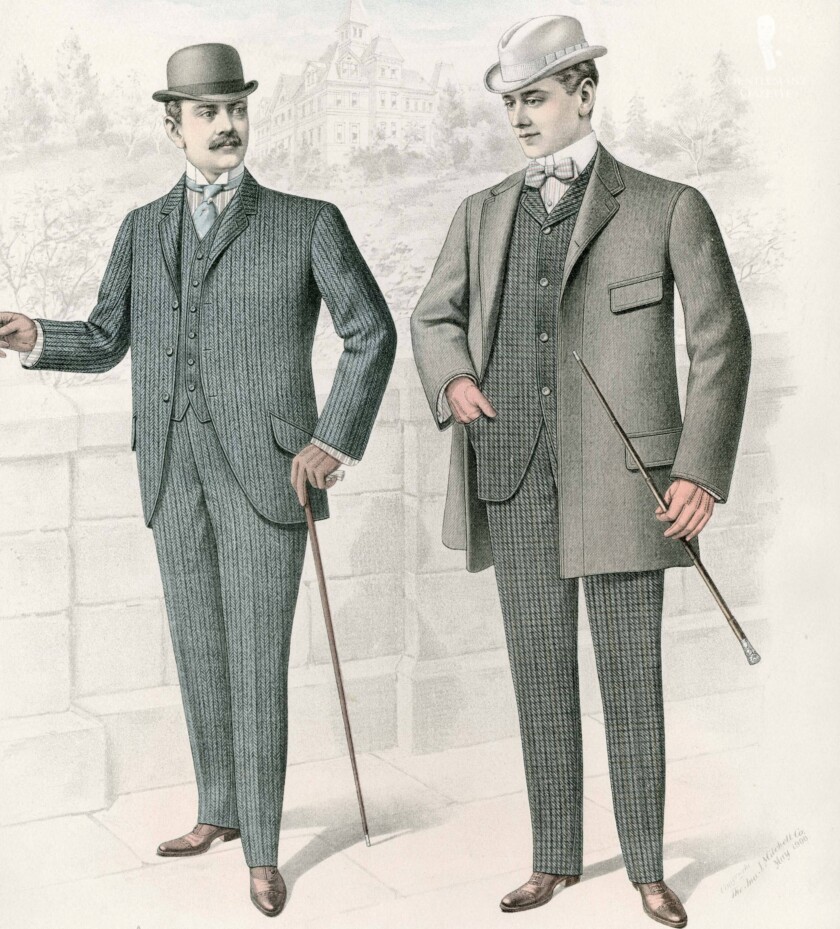 Fashion plate depicting two c 1900 men in country attire