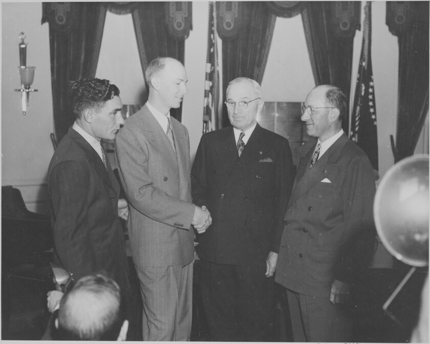 Photo of Milton Reynolds with President Harry S Truman Image Credit Wikimedia