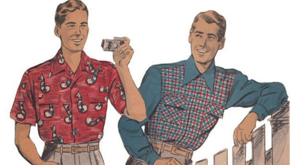 Illustration of tourists wearing early versions the Hawaiian shirt