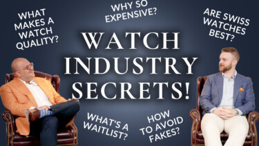 Nathan and Federico Iossa in armchairs; text reads, "Watch Industry Secrets!" along with questions about the watch industry like, "What Makes a Quality Watch?"