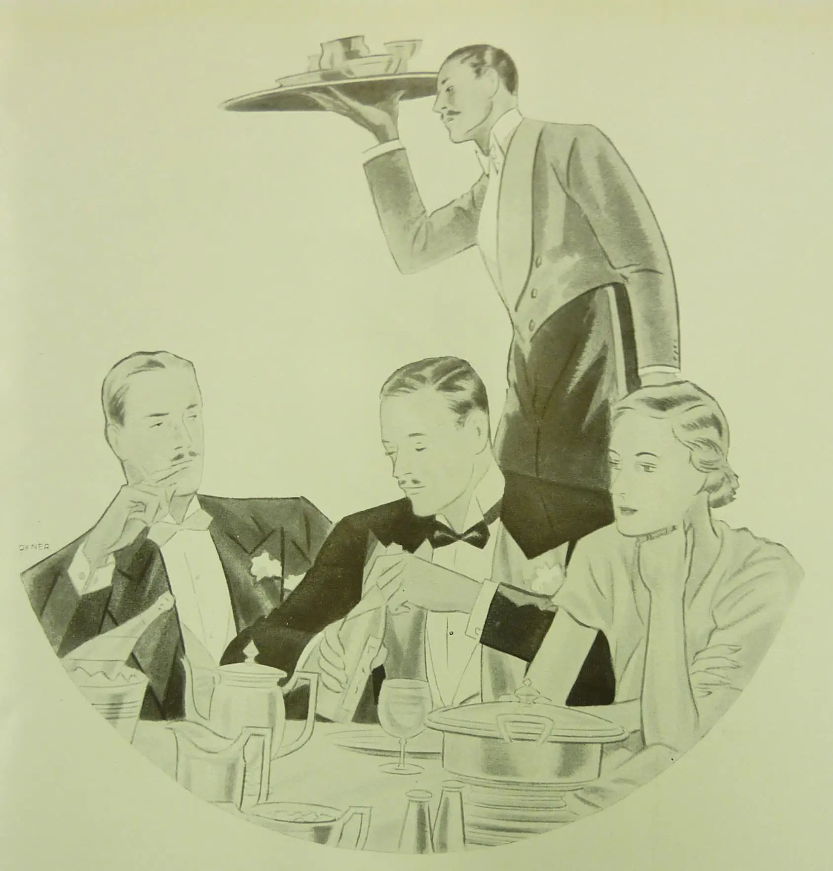 Illustration of a couple and another man all in Black Tie as a waiter passes behind them
