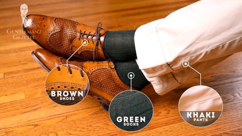 Photo of Brown green khaki color comparison for shoes socks and pants