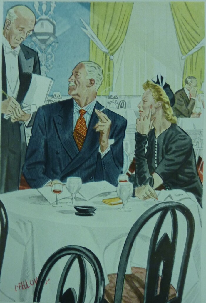 Illustration of an older couple ordering from a waiter