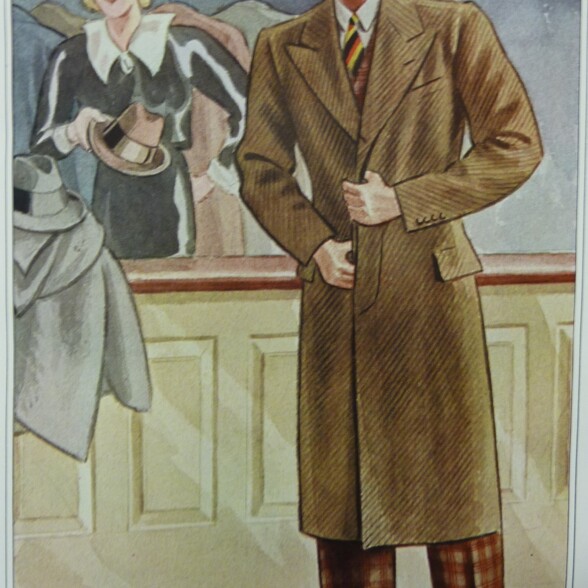 Illustration of a man at a coat check where a hat check coat check girl takes his hat