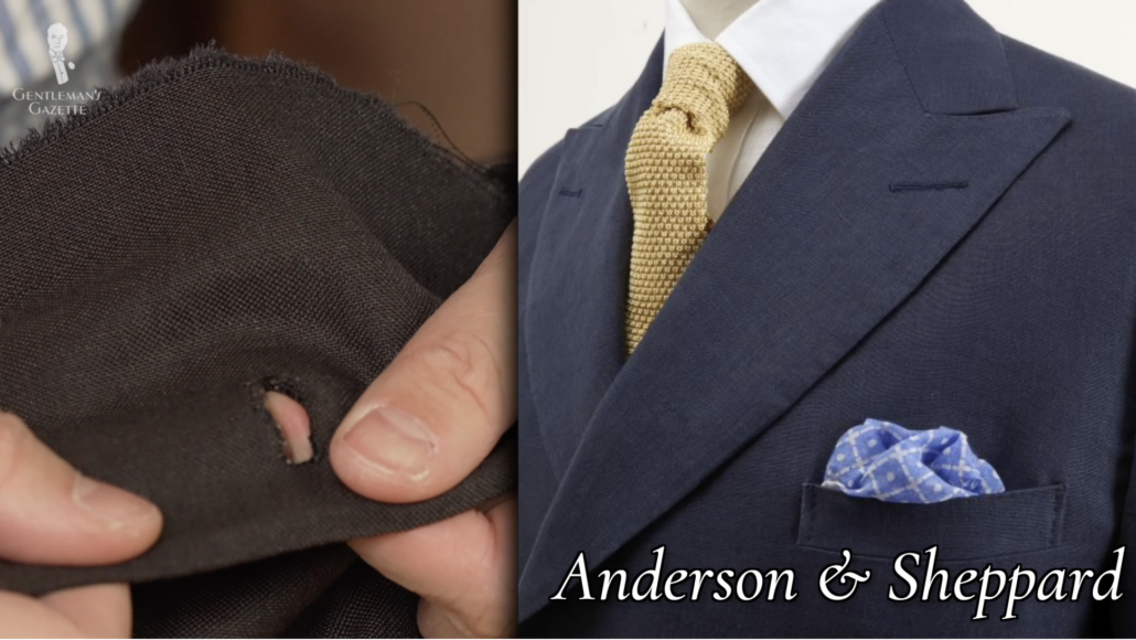 Kiton buttonholes are hand-cut and sewn, and shorter than other jackets.