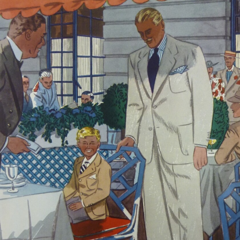 Illustration of a small boy with a man in a suit at a restaurant