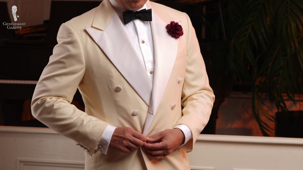Raphaels cream cuff double breasted dinner jacket made by Purple Label.