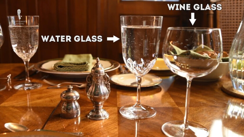 Photo of Table setting with wine glass and water glass labeled