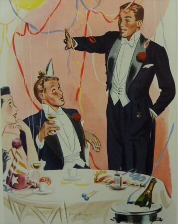 Illustration of figures in white tie celebrating