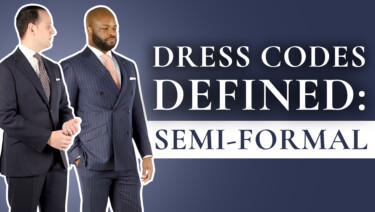 Kyle wearing a navy pinstriped suit, white suit, and orange tie; and Raphael wearing a plain navy suit, white shirt, and micropatterned tie; two examples of Semi-Formal dress. Text reads: "Dress Codes Defined: Semi-Formal"