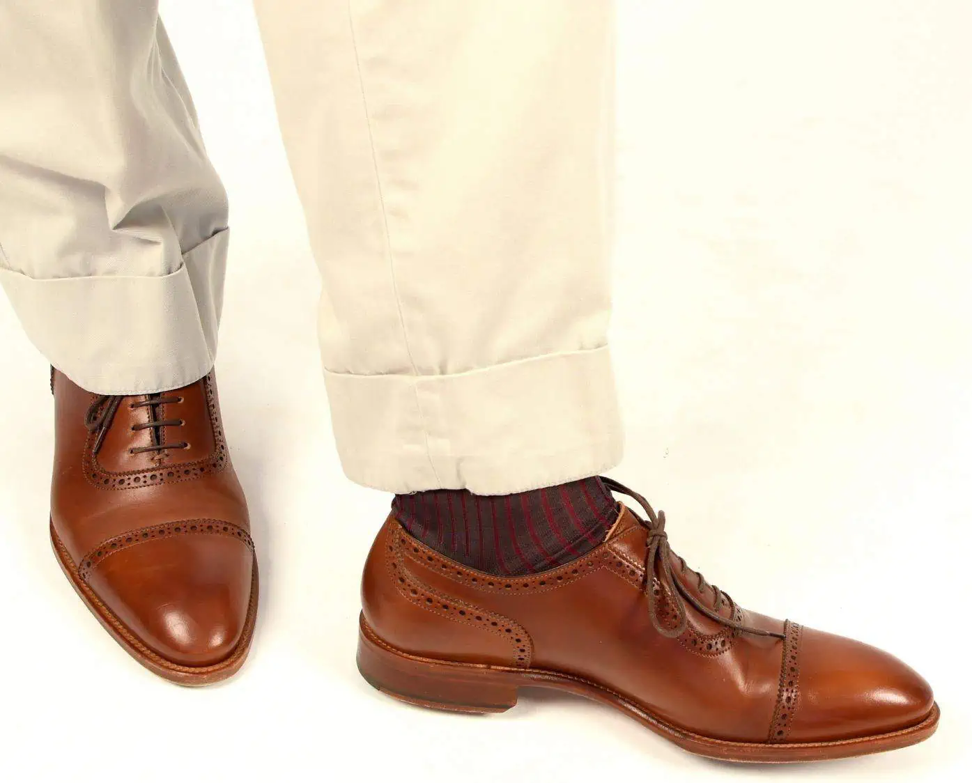 Photo of shadow stripe ribbed socks grey and burgundy red worn with stone khakis