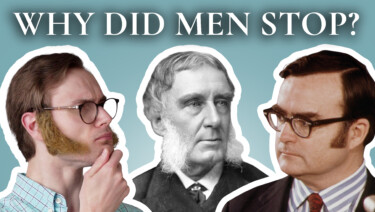 Preston, wearing costume sideburns, thinks pensively alongside two historical photos of men with sideburns; text reads, "Why Did Men Stop?"