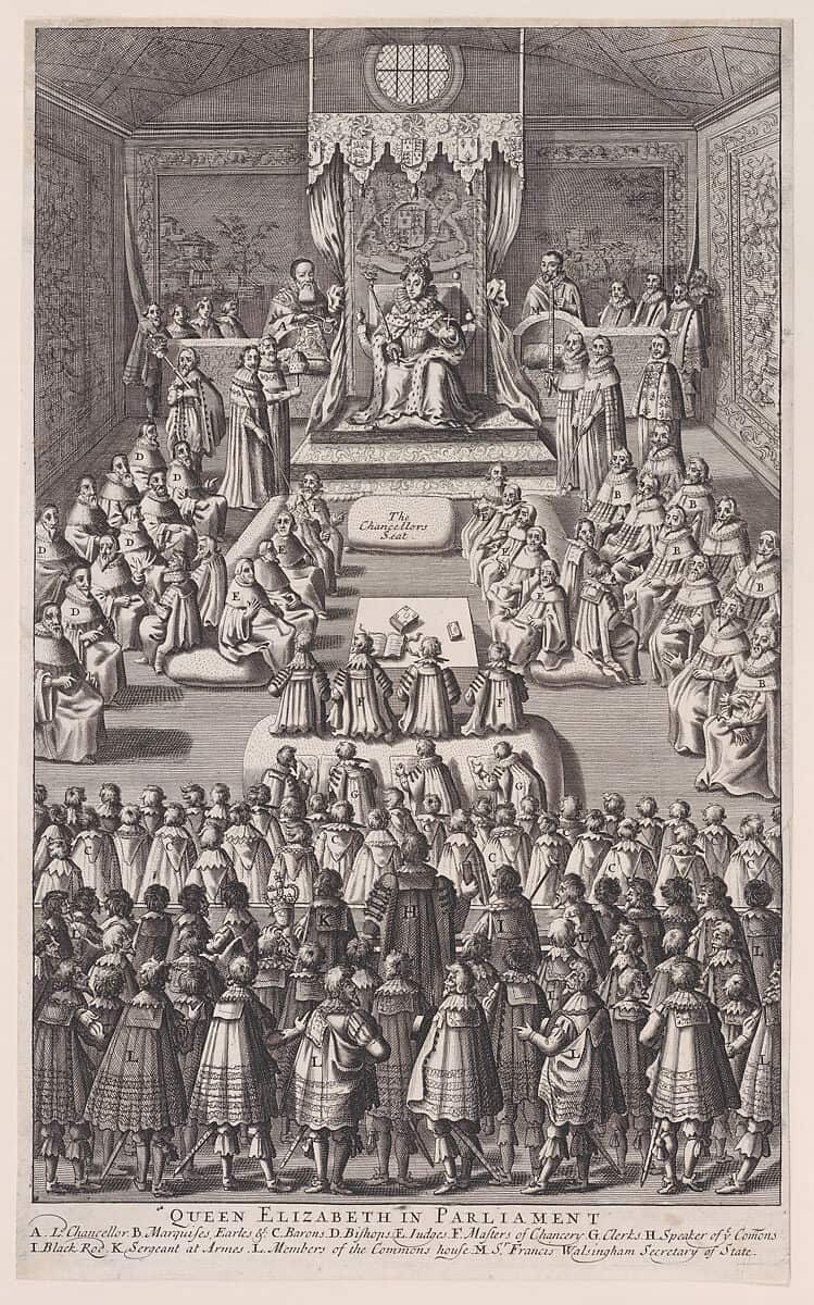 Illustration of 17th century engraving of Queen Elizabeth before Parliament (1682)