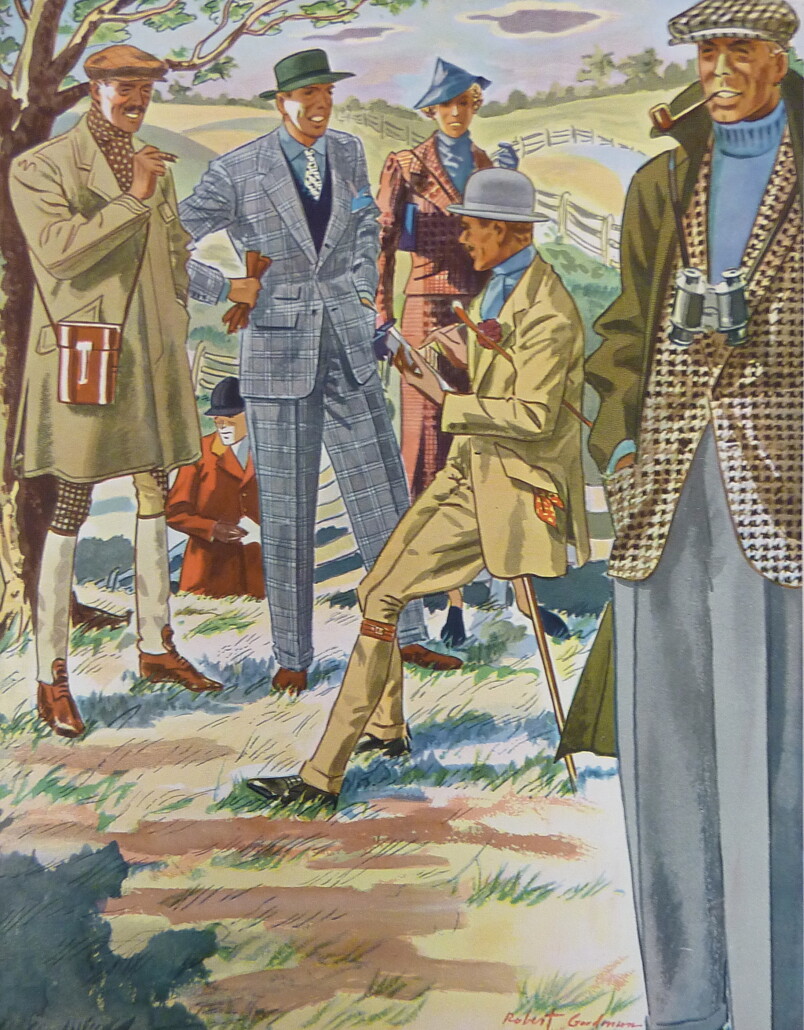Photo of Hunting hiking sporting attire including flat caps walking stick gloves overcoat houndstooth