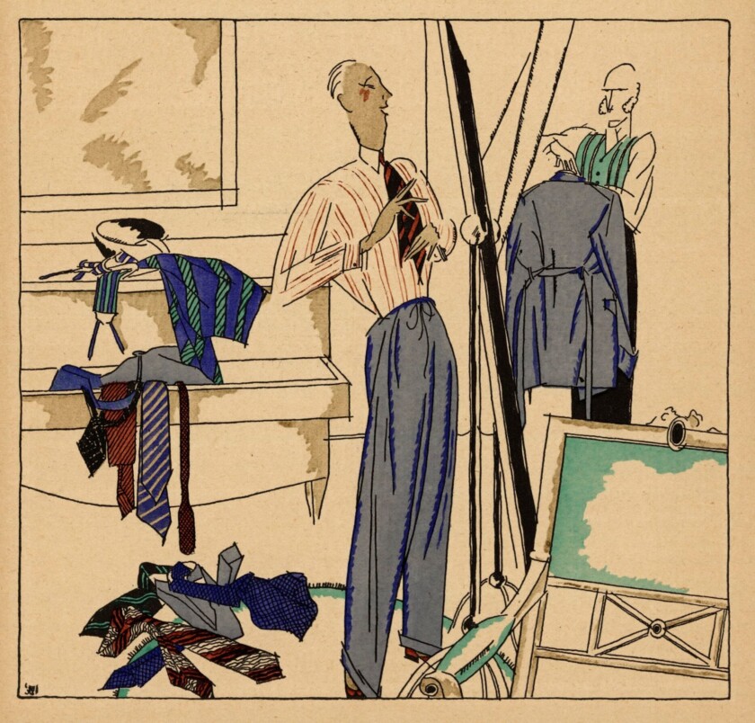 Line art Illustration of man in dressing room trying on clothes