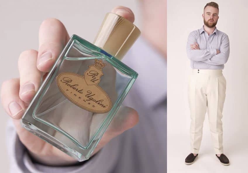 Nathan in a blue knit polo shirt , cream pants and dark brown loafer.