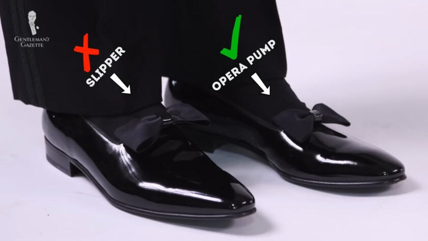 Photo of a slipper versus an opera pump; the slipper, on the left, is shown with a red X to indicate that its high vamp is incorrect, while the opera pump, on the right, is shown with a green check mark to indicate that its low vamp is correct.