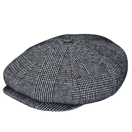 Photo of Typical news boy cap with 8 panels and cloth covered top button in houndstooth pattern