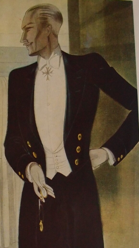 Photo of White Tie ensemble with gold buttons and pocket watch on chatelaine