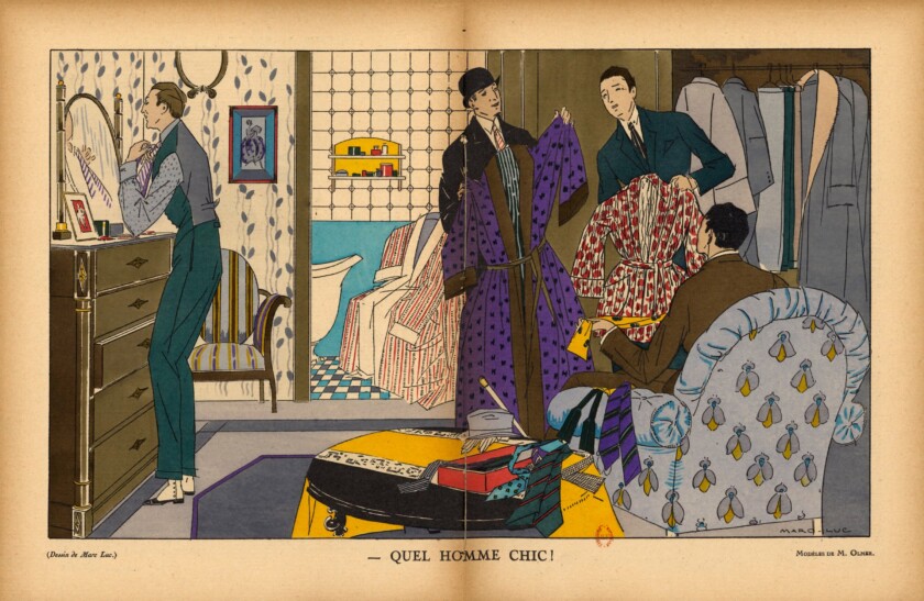 Illustration of Men in a dressing room admiring dressing gowns robes smoking jackets