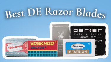 Boxes of DE razor blades from Merkur, Voskhod, Muhle, Personna, and Parker; text reads, "Best DE Razor Blades"