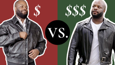 At left, Kyle wears a cheap black leather jacket over a red background with a single dollar sign. At right, he wears an expensive black Schott Perfecto motorcycle jacket over a green background with three dollar signs. Between the two images is a black circle with "VS." in white.