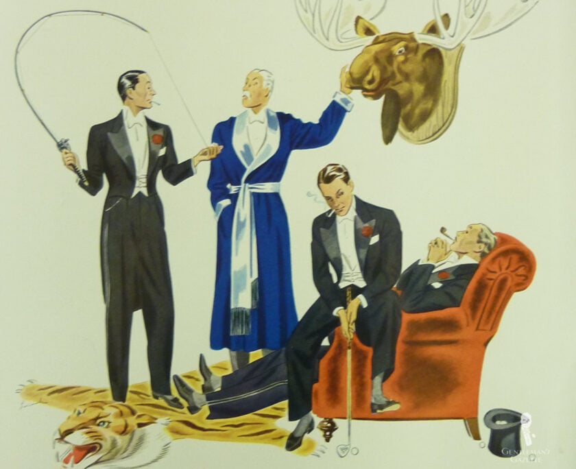 Skinner Ad 1936 White Tie Dressing Gown Three men in white tie and one in a dressing gown.