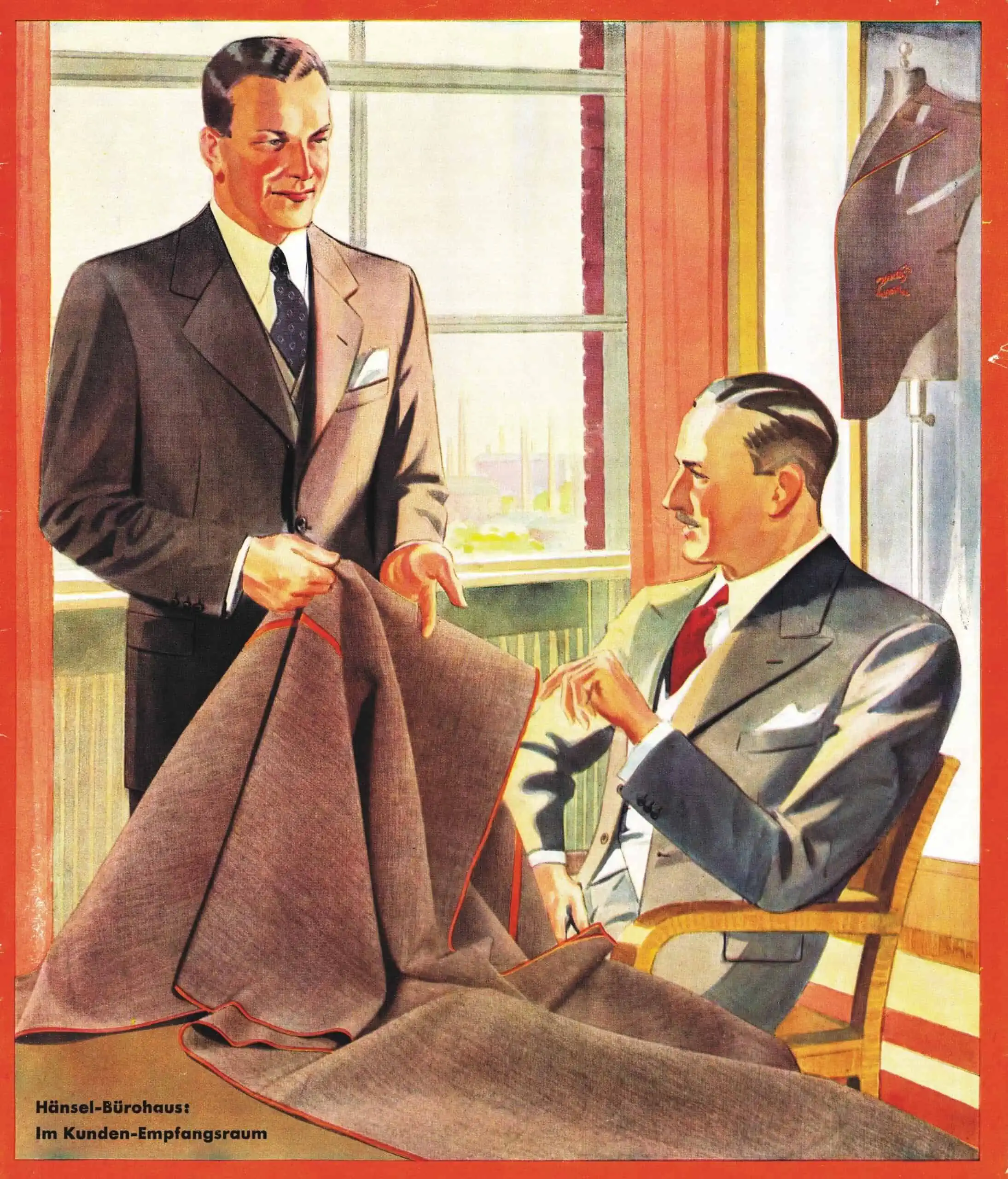 Illustration of two men examining a piece of cloth