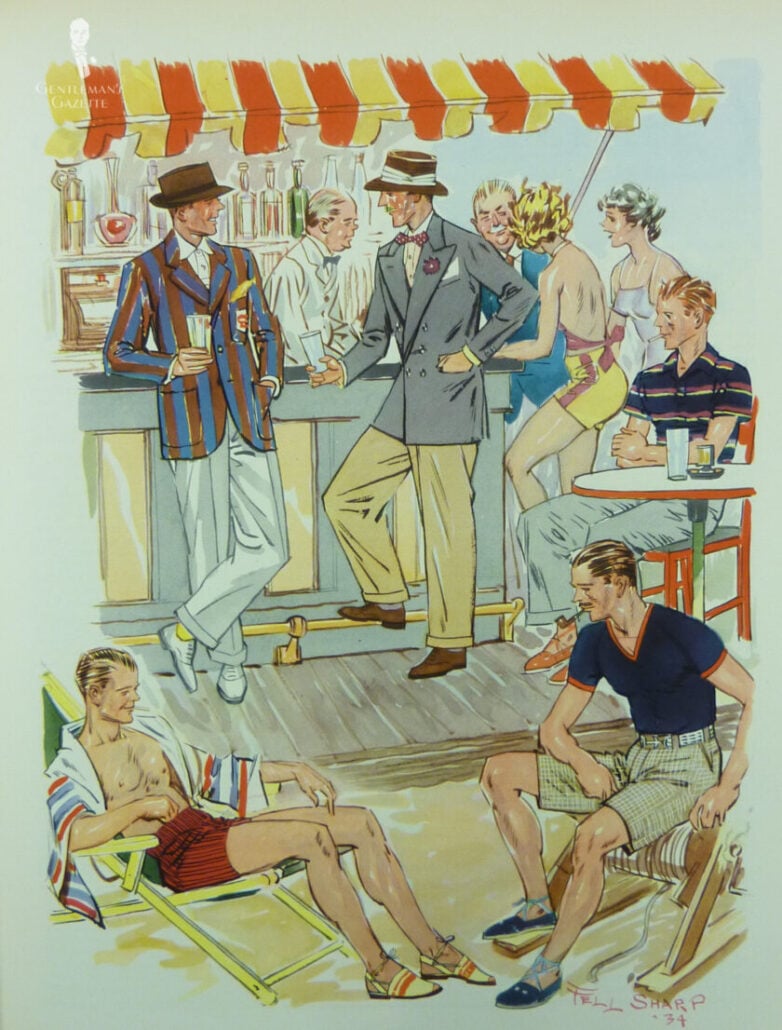 A 1930s fashion illustration showing a beach with people wearing both more formal and informal summer outfits.