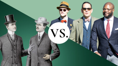 Two images separated on a diagonal with "VS." between them; one is a black-and-white fashion illustration of two Victorian-era men, the other is a photograph of Raphael, Preston, and Kyle. The illustration has text reading "Old Money," while the photo has text reading "Classic Style"