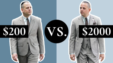 Left: Raphael wears a $200 suit from H&M over a dark blue background; text reading "$200" appears nearby. Right: Raphael wears a $2,000 suit from Hemrajani over a light blue background; text reading "$2000" appears nearby.