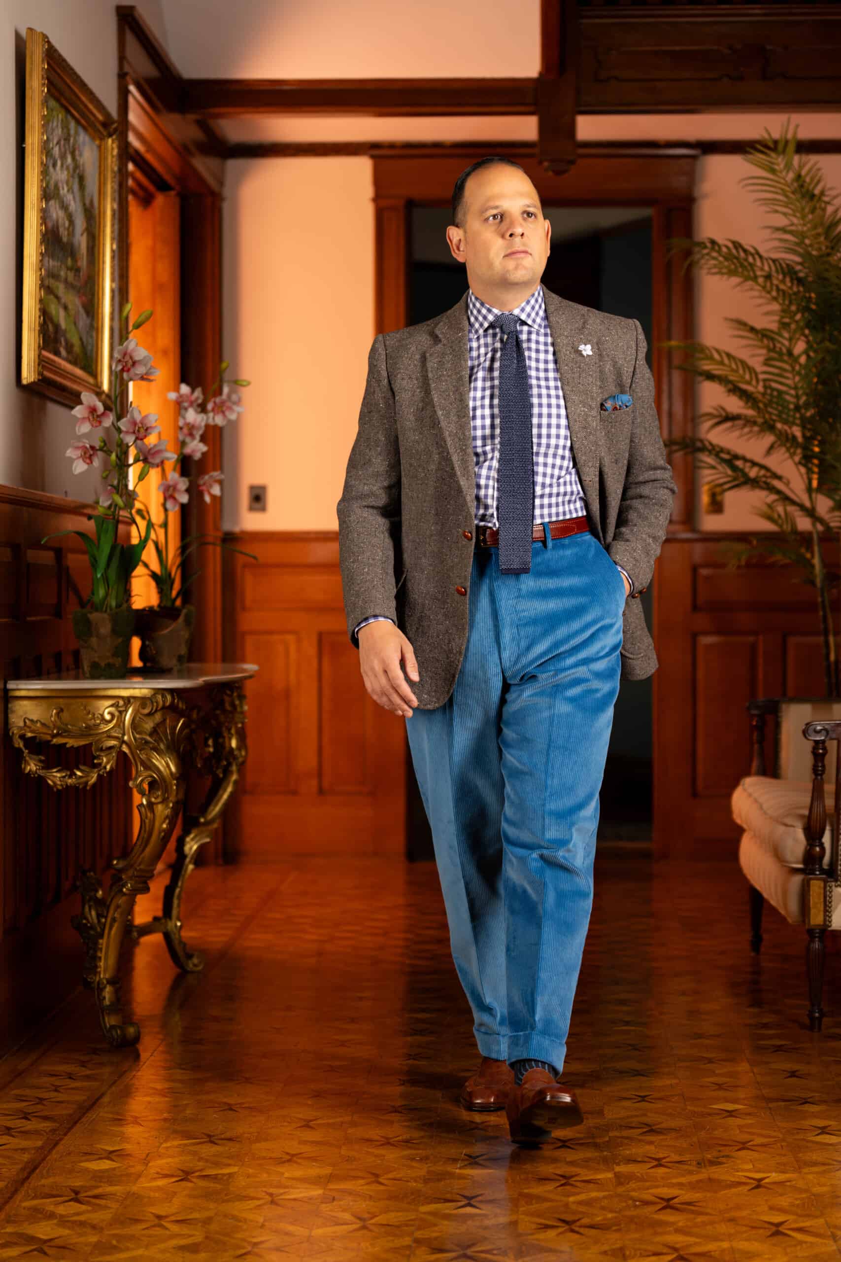 Photo of Raphael wearing Azure blue corduroy with tweed sport coat