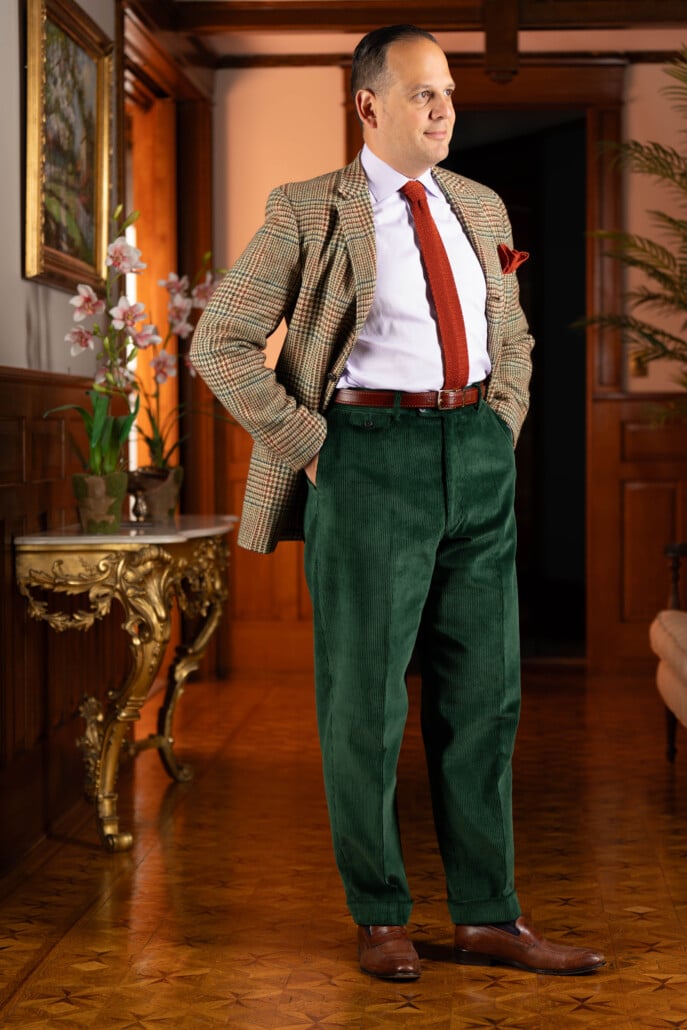 British Racing Green Corduroy With Bold Sport Coat Photo of Raphael wearing British Racing Green Corduroy with bold sport coat
