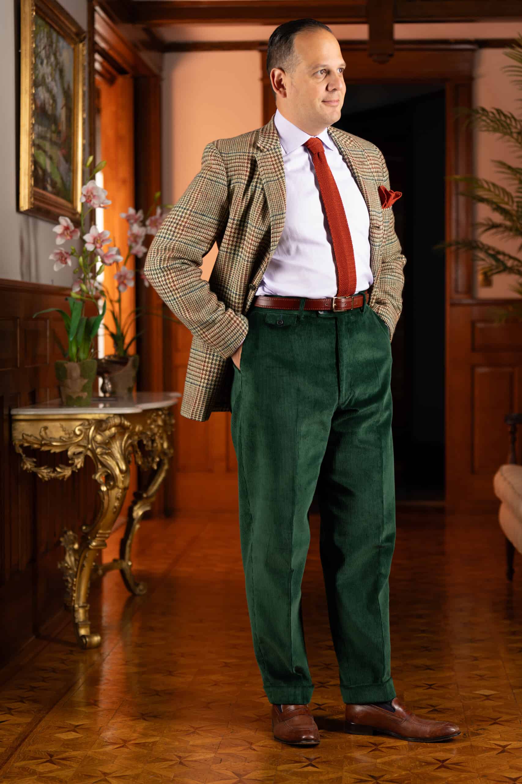 British Racing Green Corduroy With Bold Sport Coat Scaled Photo of Raphael wearing British Racing Green Corduroy with bold sport coat