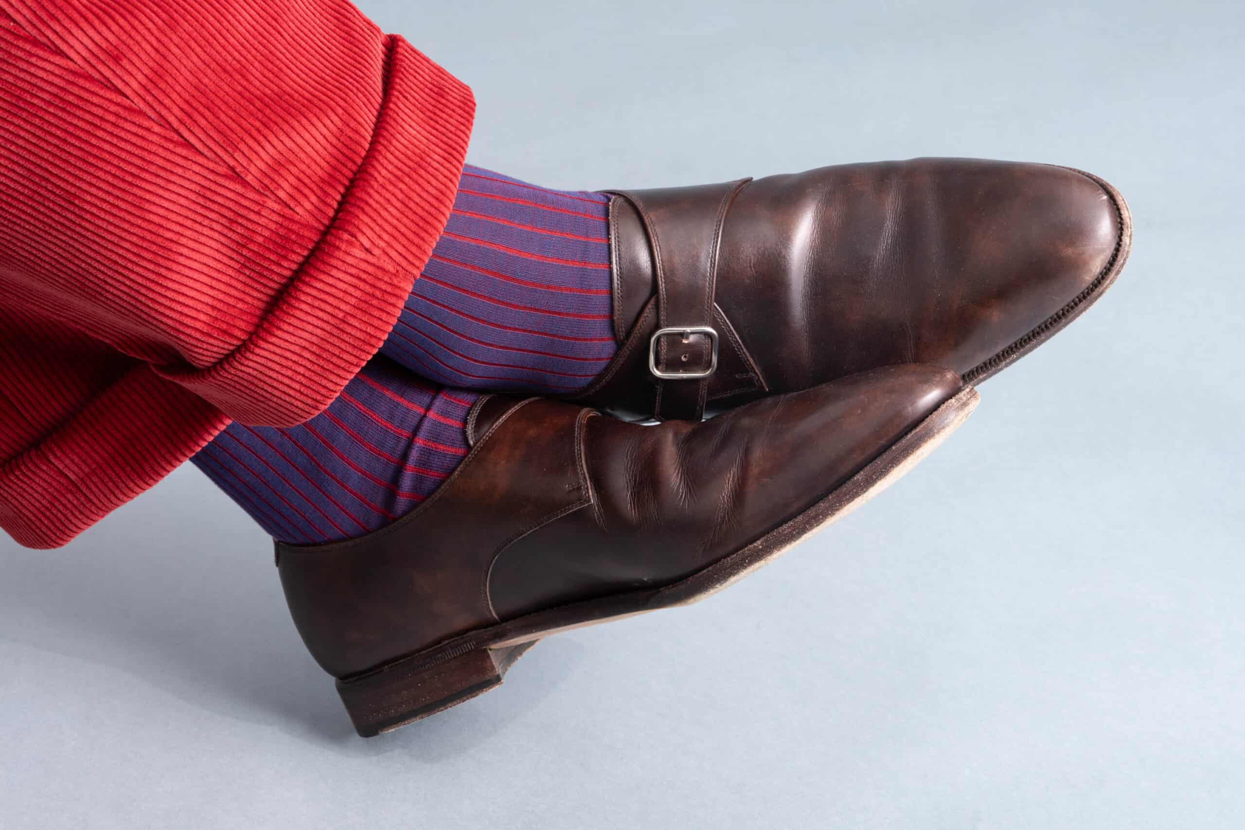 Corduroy With Monkstrap And Red And Blue Fort Belvedere Socks Scaled Photo of Corduroy with monkstrap and red and blue Fort Belvedere socks