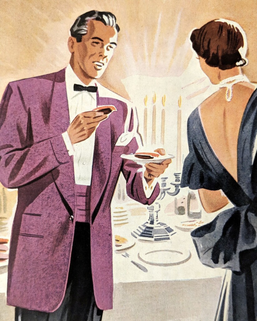 Illustration of a man in a lilac formal evening black tie ensemble
