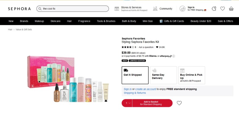 Screen shot of Sephora Styling Favorites Kit