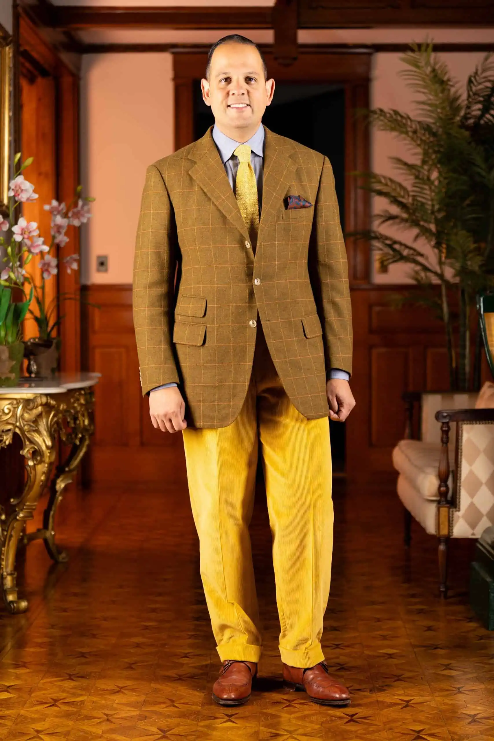 Photo of Stancliffe Corduroy Flat Front Trouser in Goldenrod Yellow worn by Raphael